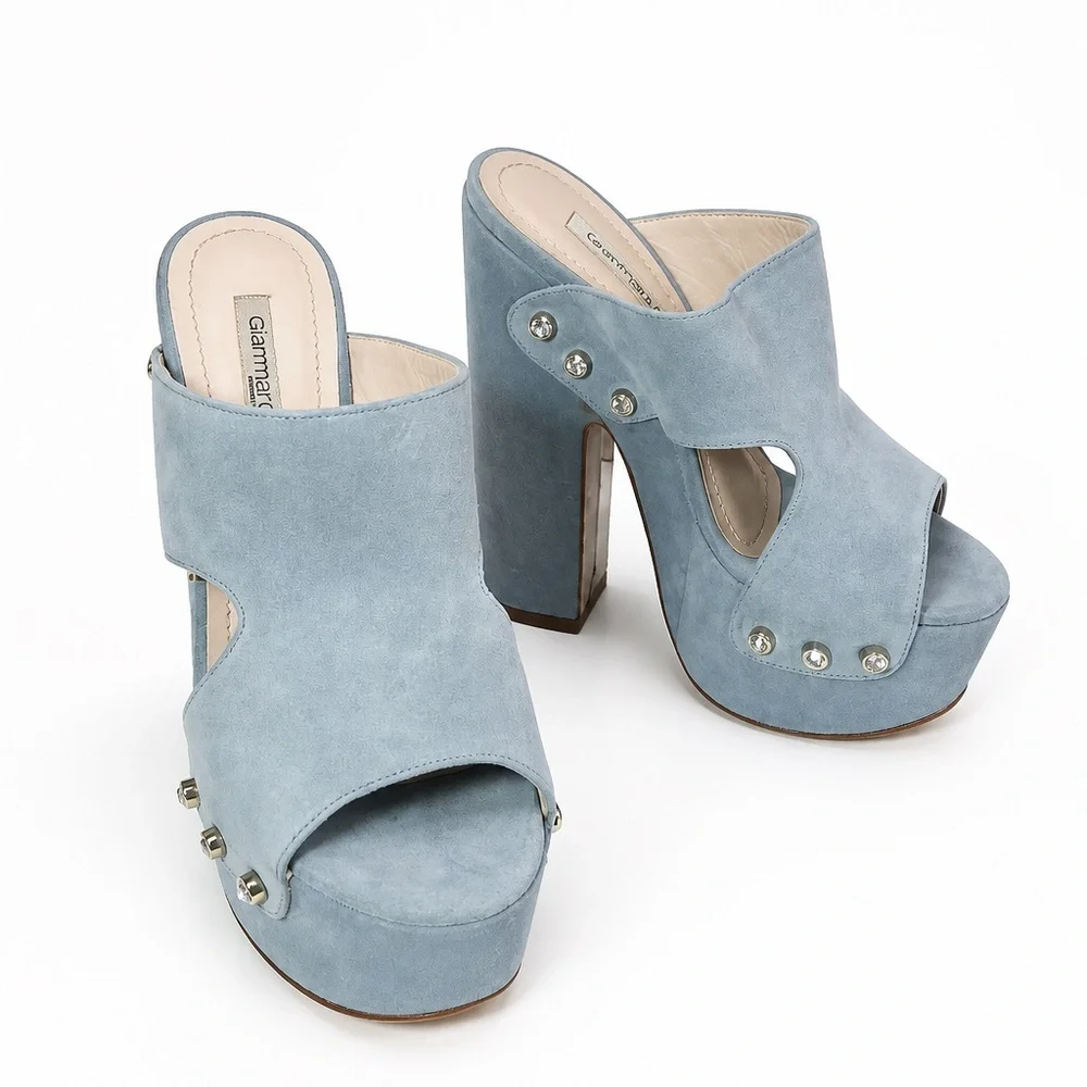 Gianmarco Lorenzi Women’s Powder Blue Suede Studded Platform Comfort Mules